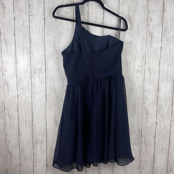 Alfred Angelo Dress Women 12 Navy Blue Bridesmaid One-shoulder chiffon mini Glam - Picture 5 of 11